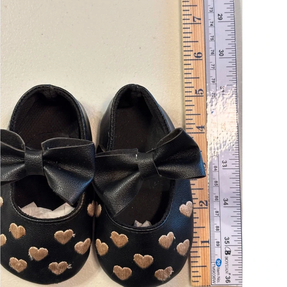 Baby Girl Black‎ Bow Mary Jane Shoes 9-12 Months Gold Hearts Infant Slip On EUC